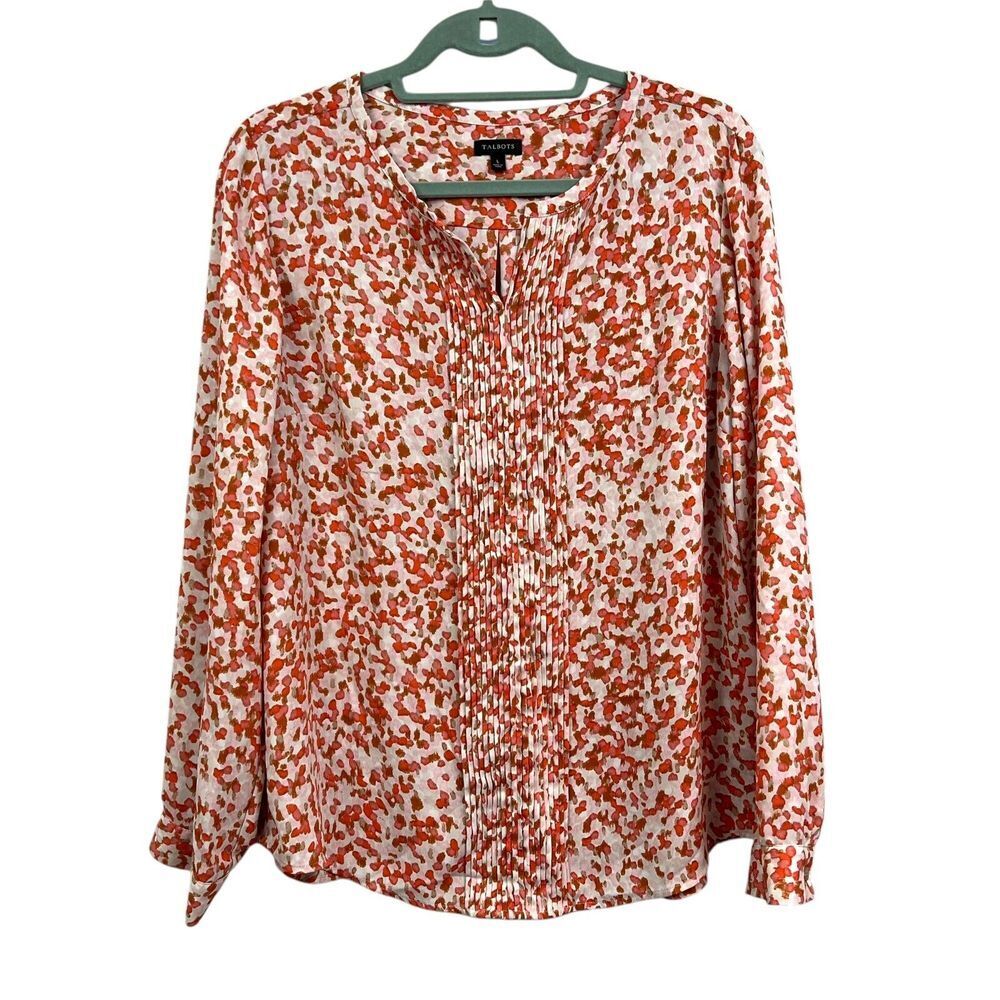 Talbots Womens Tunic Top Pleated V Neck Long Sleeve Cream Orange Sz L*